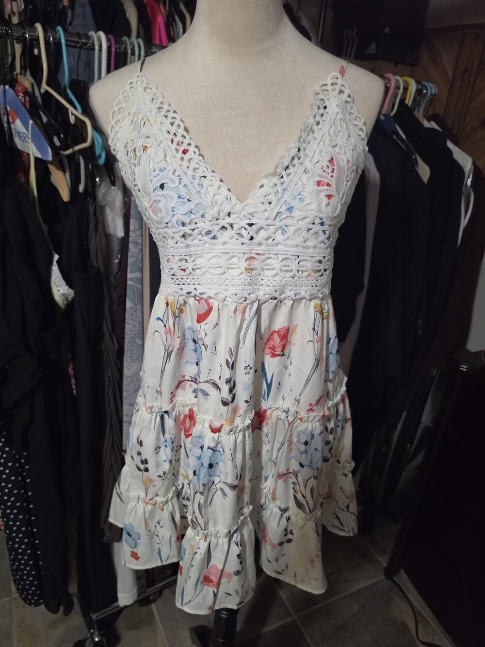SHEIN White Crochet V-Neck Mini Dress with Blue & Pink Floral